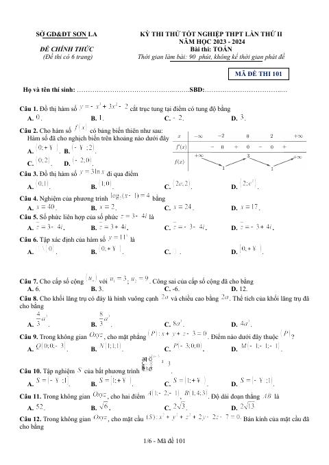 Đề thi thử tốt nghiệp THPT 2024 môn Toán lần 2 sở GD&ĐT Sơn La (bản Word)